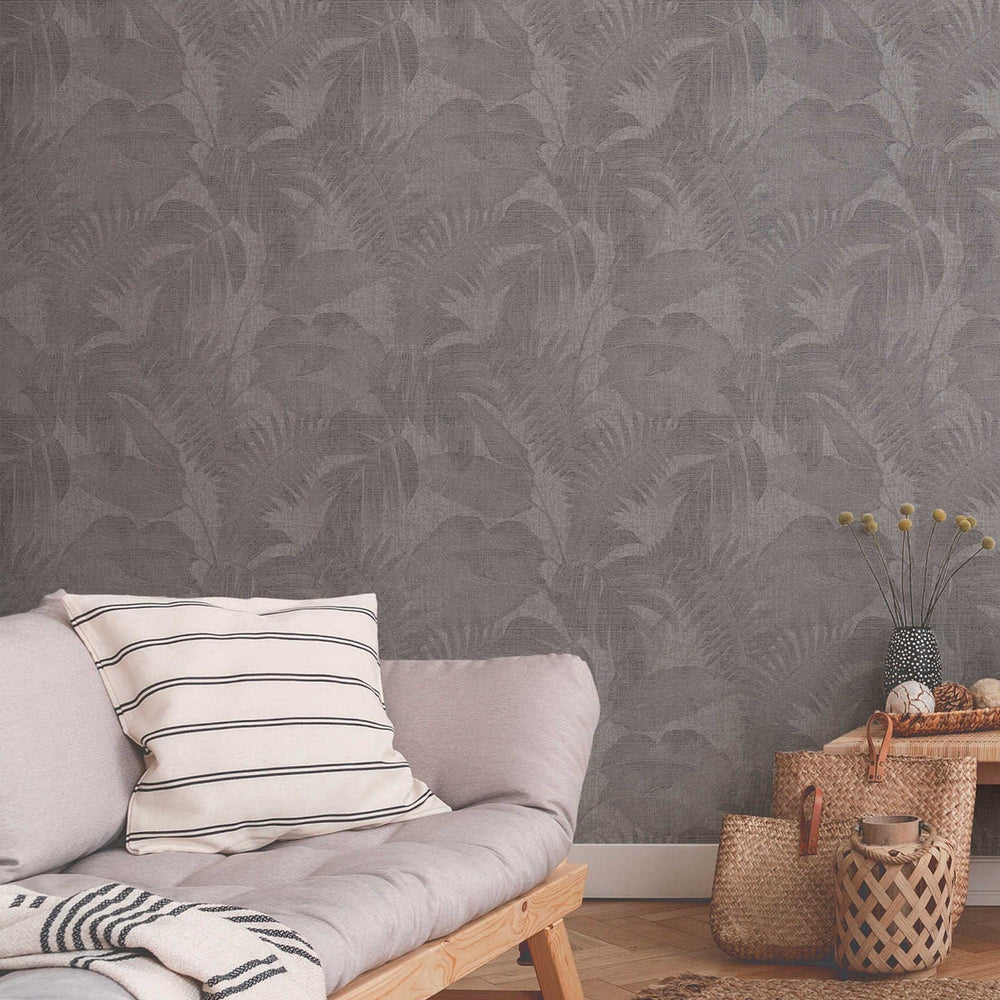 Tapetes ar linu izskatu, Boho džungļu motīvi - pelēka AS 373961 AS Creation
