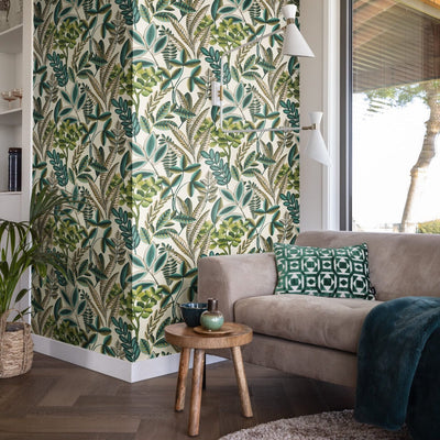 Wallpaper with floral and tropical motifs on fabric textures