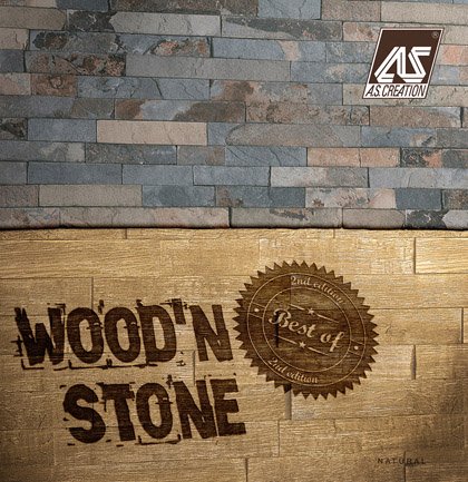 Wood&Stone' tapetes ar akmens un koka imitāciju