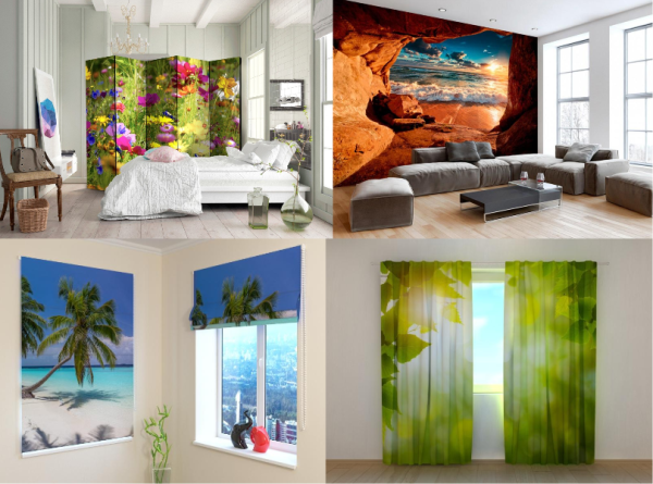 Vasaras tematika interjerā - aizslietņi, aizkari un fototapetes