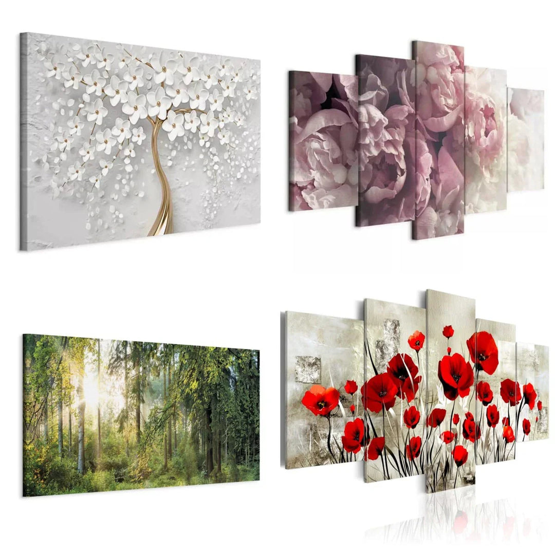 Gleznas ar floru un augiem – ziedi, mežs 