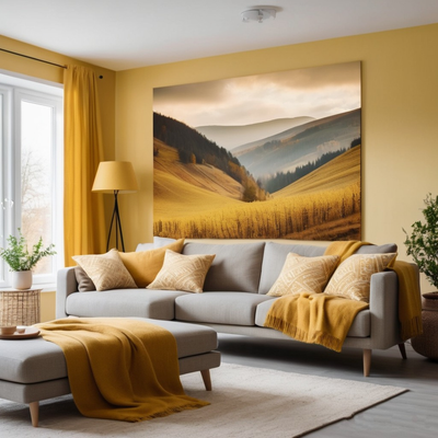 Dzeltena krāsa interjerā - tapetes, fototapetes, gleznas, aizkari un mājas tekstils