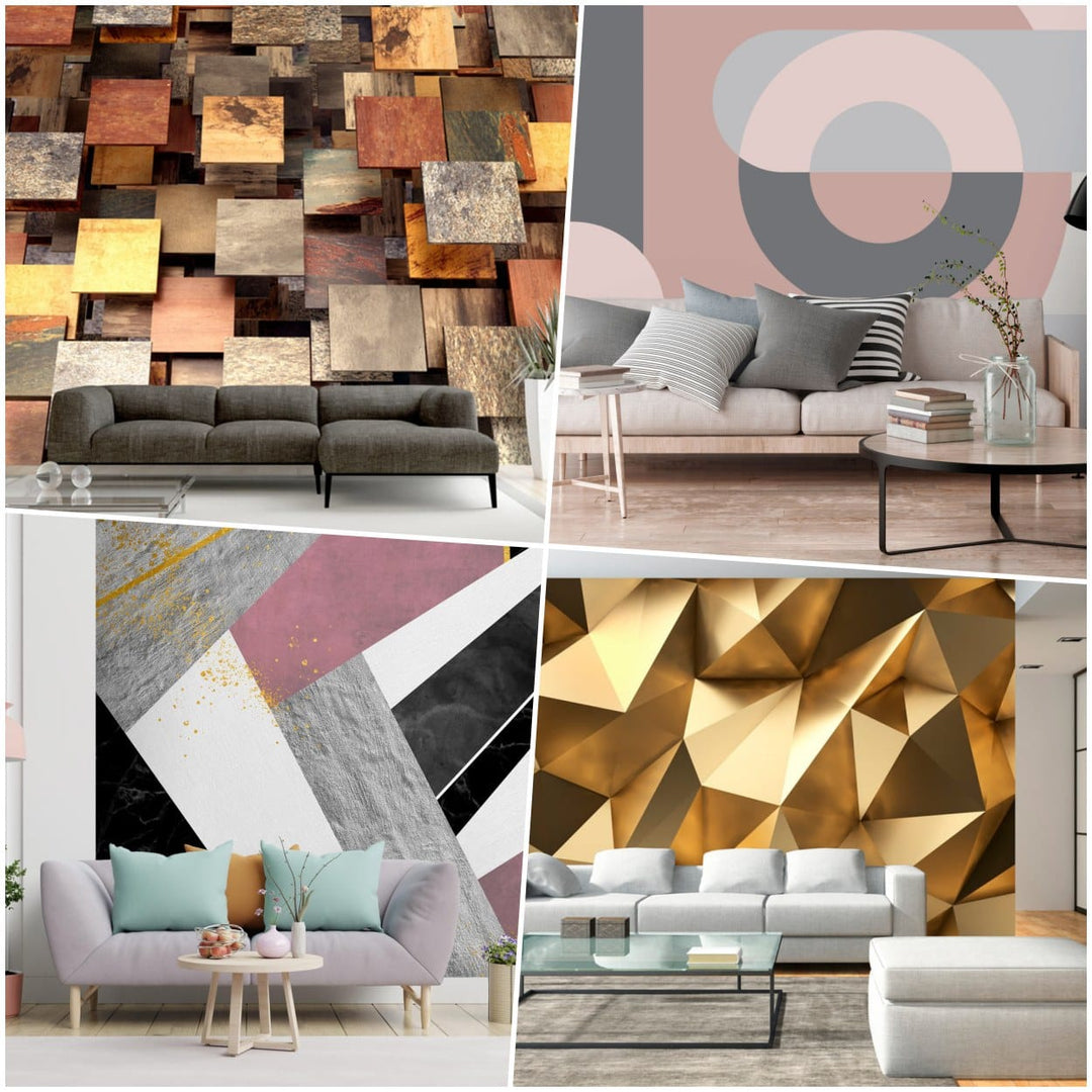 Fototapetes ar ģeometrisku un 3D rakstu interjerā