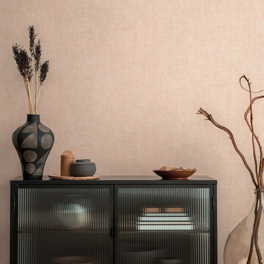 Plain non-woven wallpaper with natural linen texture | pink - 3007651