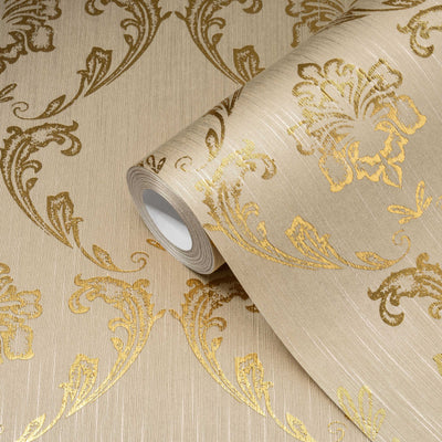 Tekstiili tapeet lilleelementidega kullas - kuld, beež - 1126626