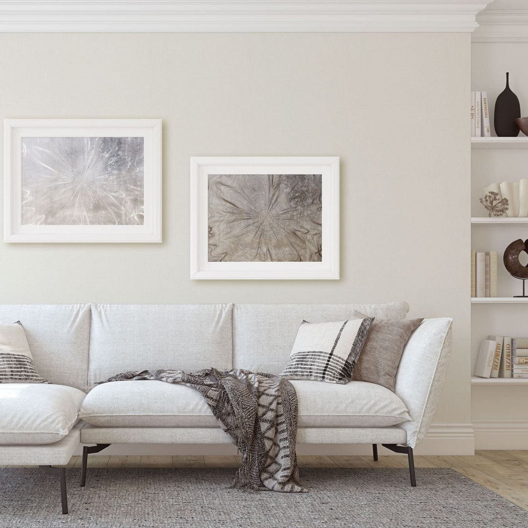 Elegant living room interior with light textured wallpaper by a white sofa 12186-26
