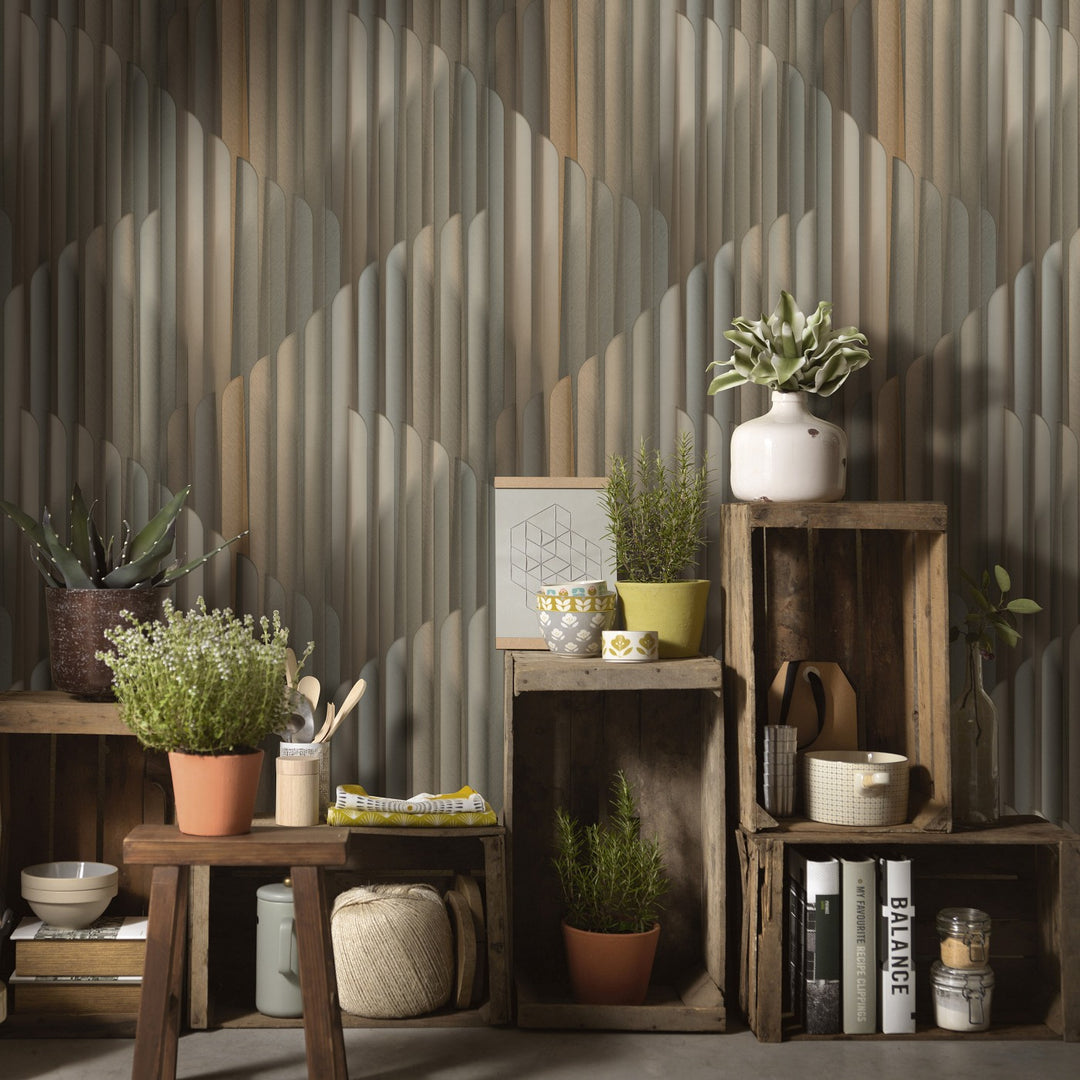 Tapetai su dryžuotu grafiniu piešiniu, ERISMANN, rudi/auksiniai/žalsvi - 3775113