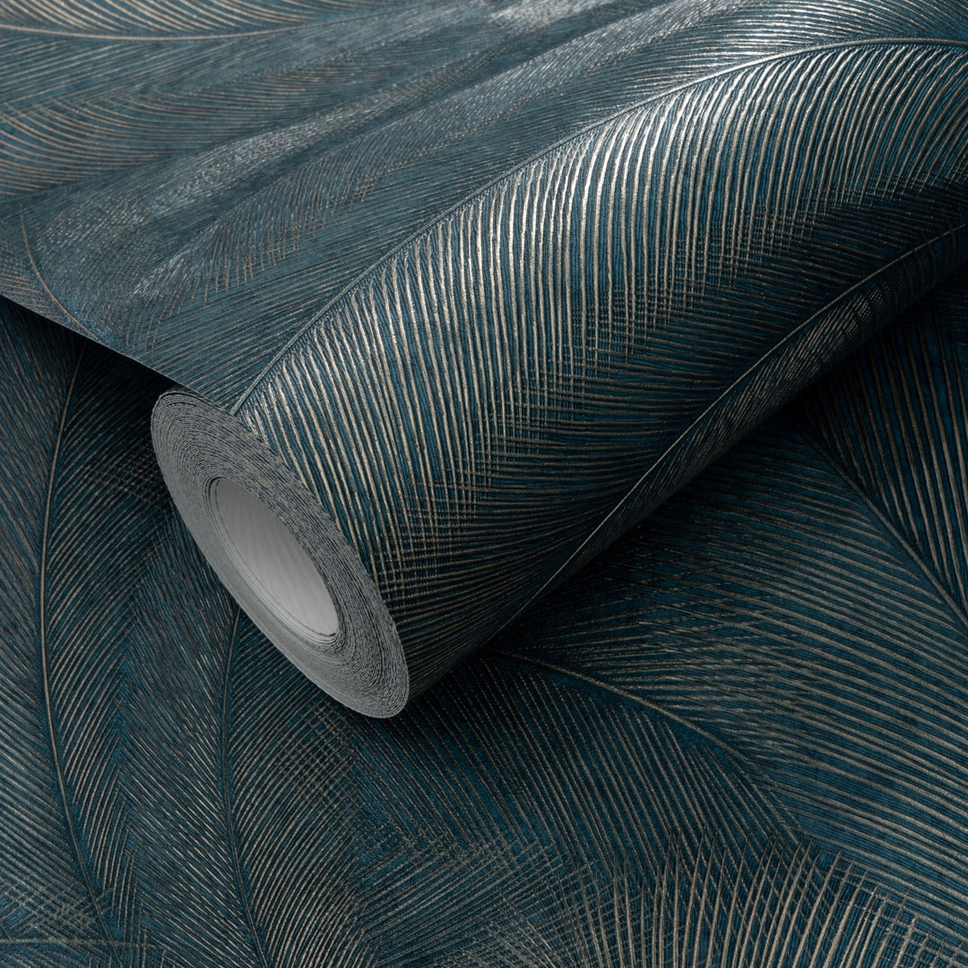 Tapetai su elegantiškais ir šiek tiek blizgančiais lapais, tamsiai mėlyni/turkio spalvos/aukso spalvos - 3776103