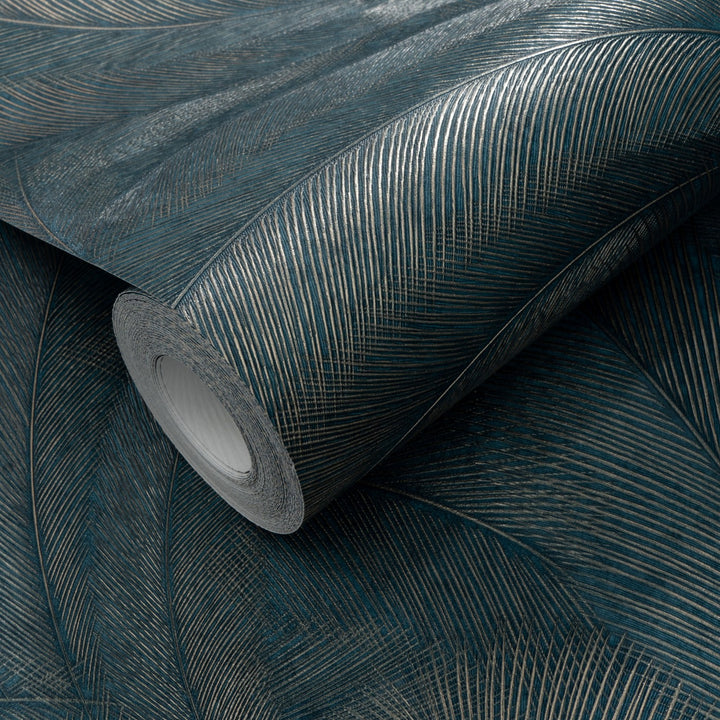 Tapetai su elegantiškais ir šiek tiek blizgančiais lapais, tamsiai mėlyni/turkio spalvos/aukso spalvos - 3776103