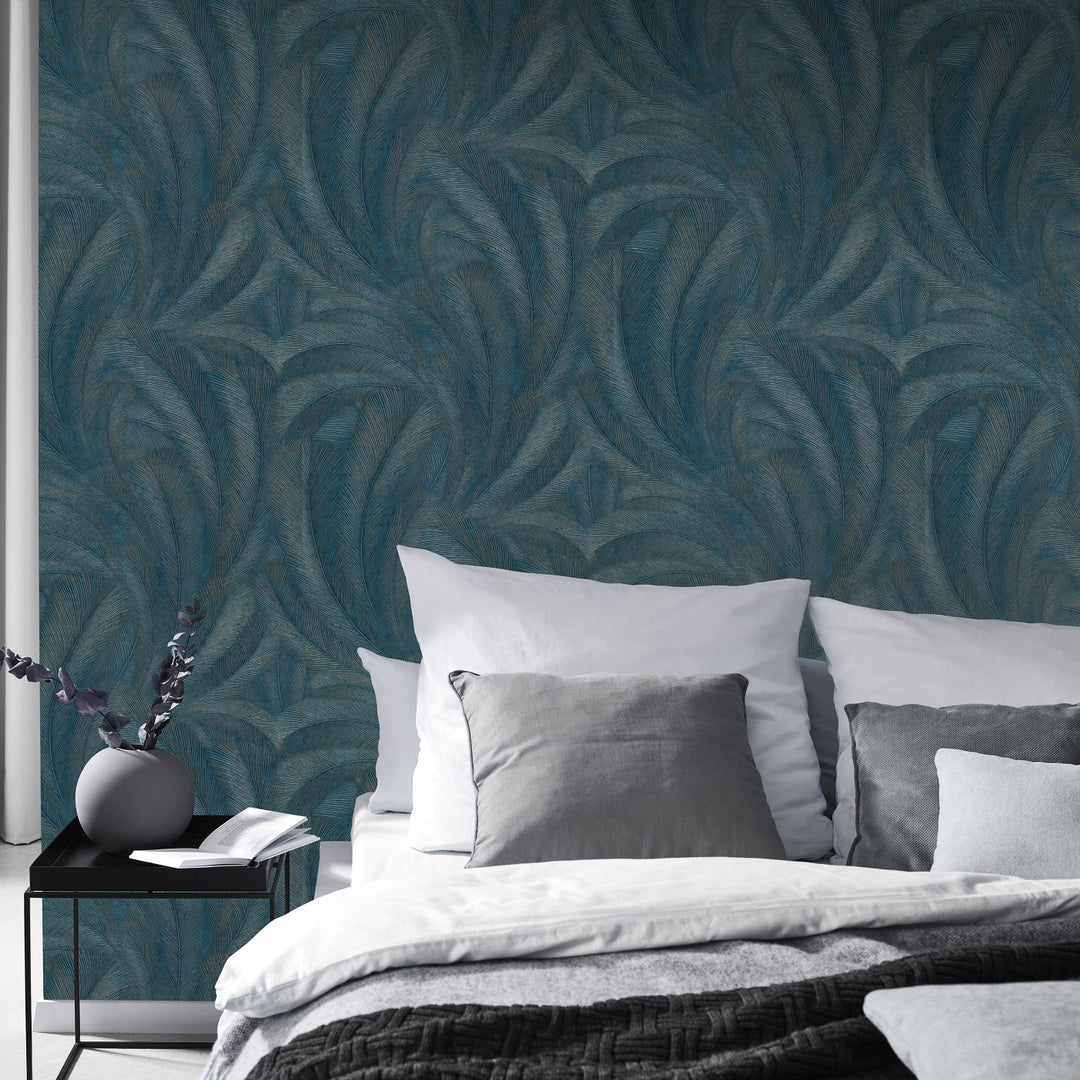 Tapetai su elegantiškais ir šiek tiek blizgančiais lapais, tamsiai mėlyni/turkio spalvos/aukso spalvos - 3776103