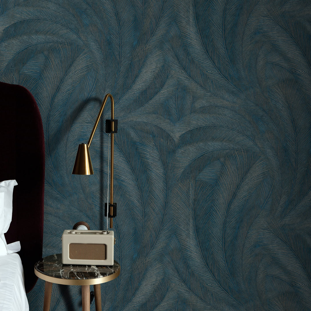 Tapetai su elegantiškais ir šiek tiek blizgančiais lapais, tamsiai mėlyni/turkio spalvos/aukso spalvos - 3776103