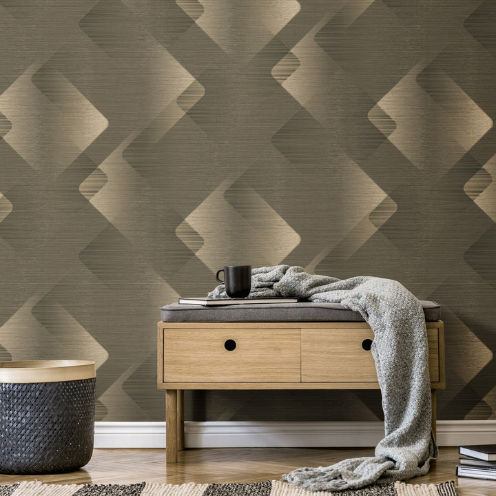 Tapetai su blizgučiais ir smulkiomis linijomis, rudi/auksiniai - 3776553