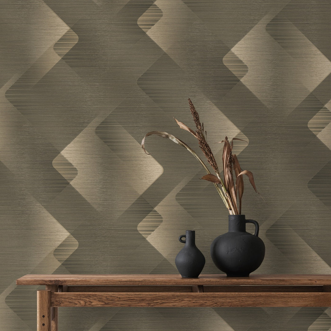 Tapetai su blizgučiais ir smulkiomis linijomis, rudi/auksiniai - 3776553