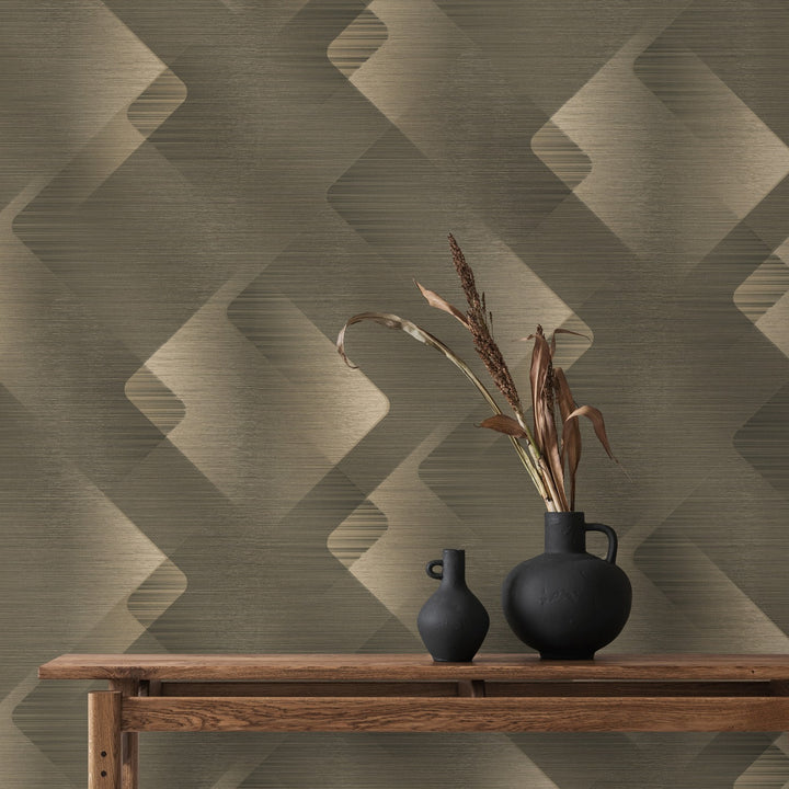 Tapetai su blizgučiais ir smulkiomis linijomis, rudi/auksiniai - 3776553