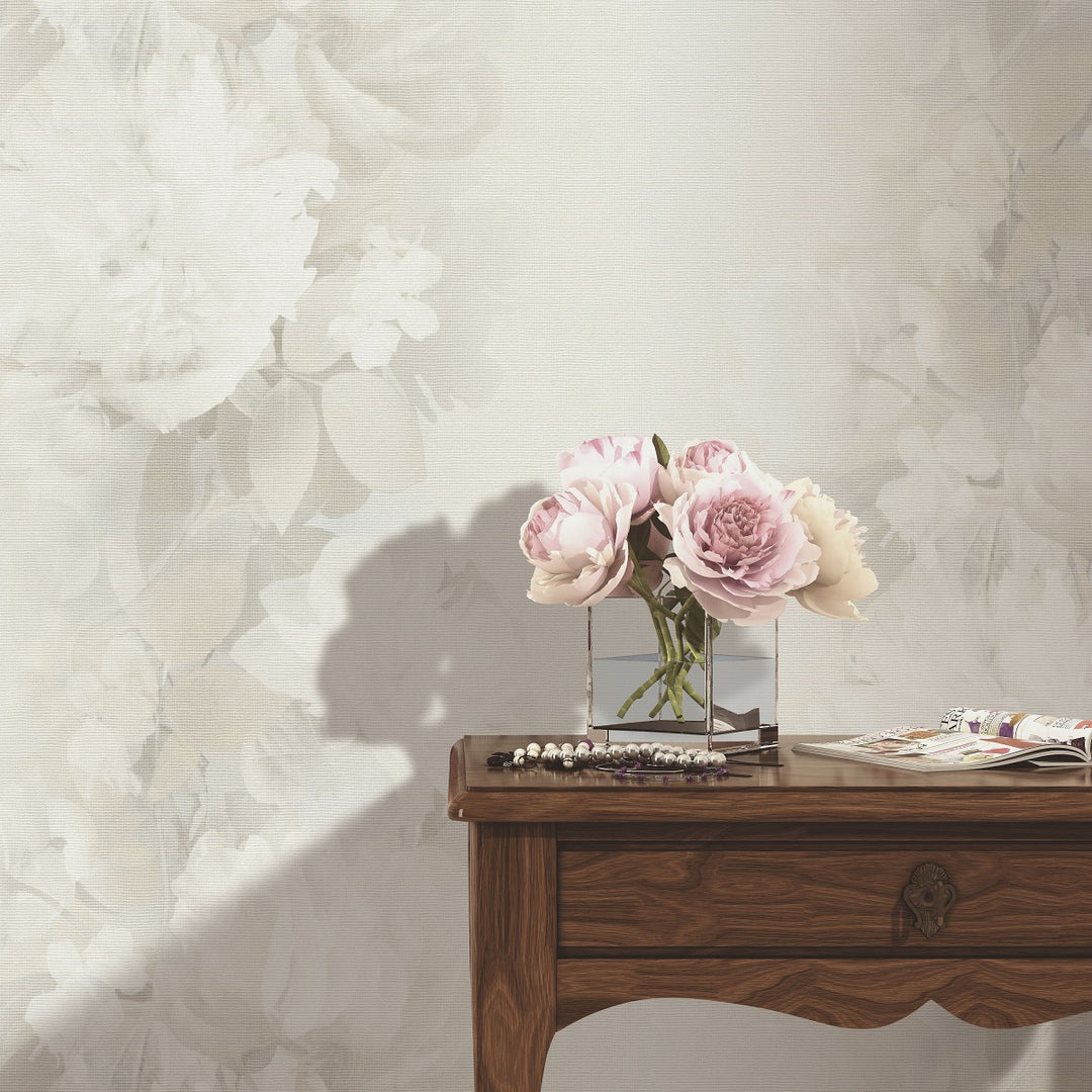 Romantiški tapetai su subtiliomis gėlių formomis, kreminės spalvos - 4005246