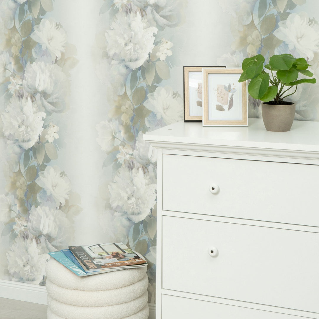 Romantiški tapetai su subtiliomis gėlių formomis, žalia/mėlyna/balta - 4005254