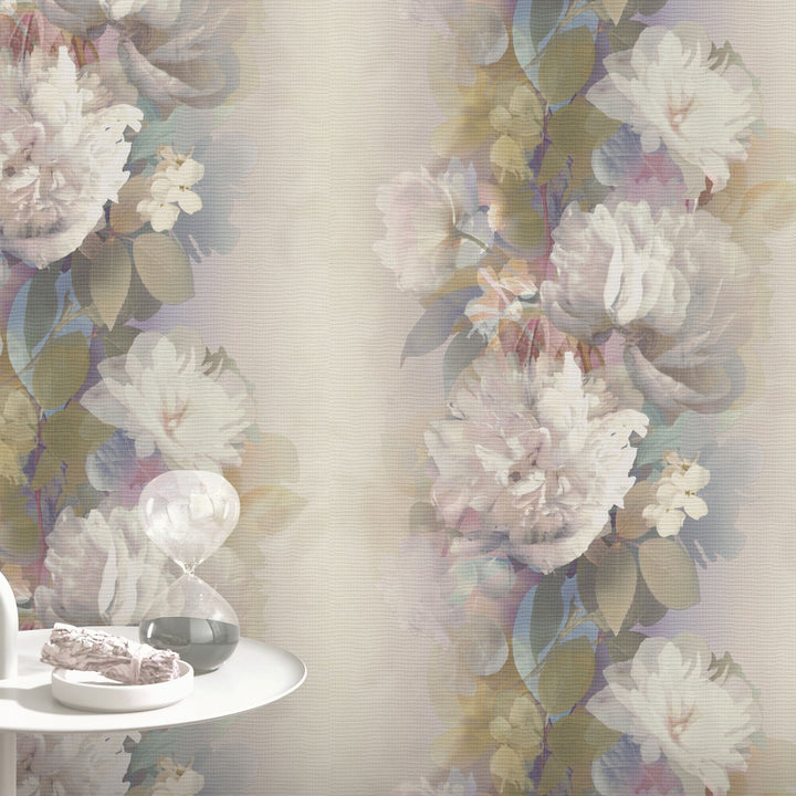 Romantiški tapetai su subtiliomis gėlių formomis, rožinės/žalios/violetinės spalvos - 4005255