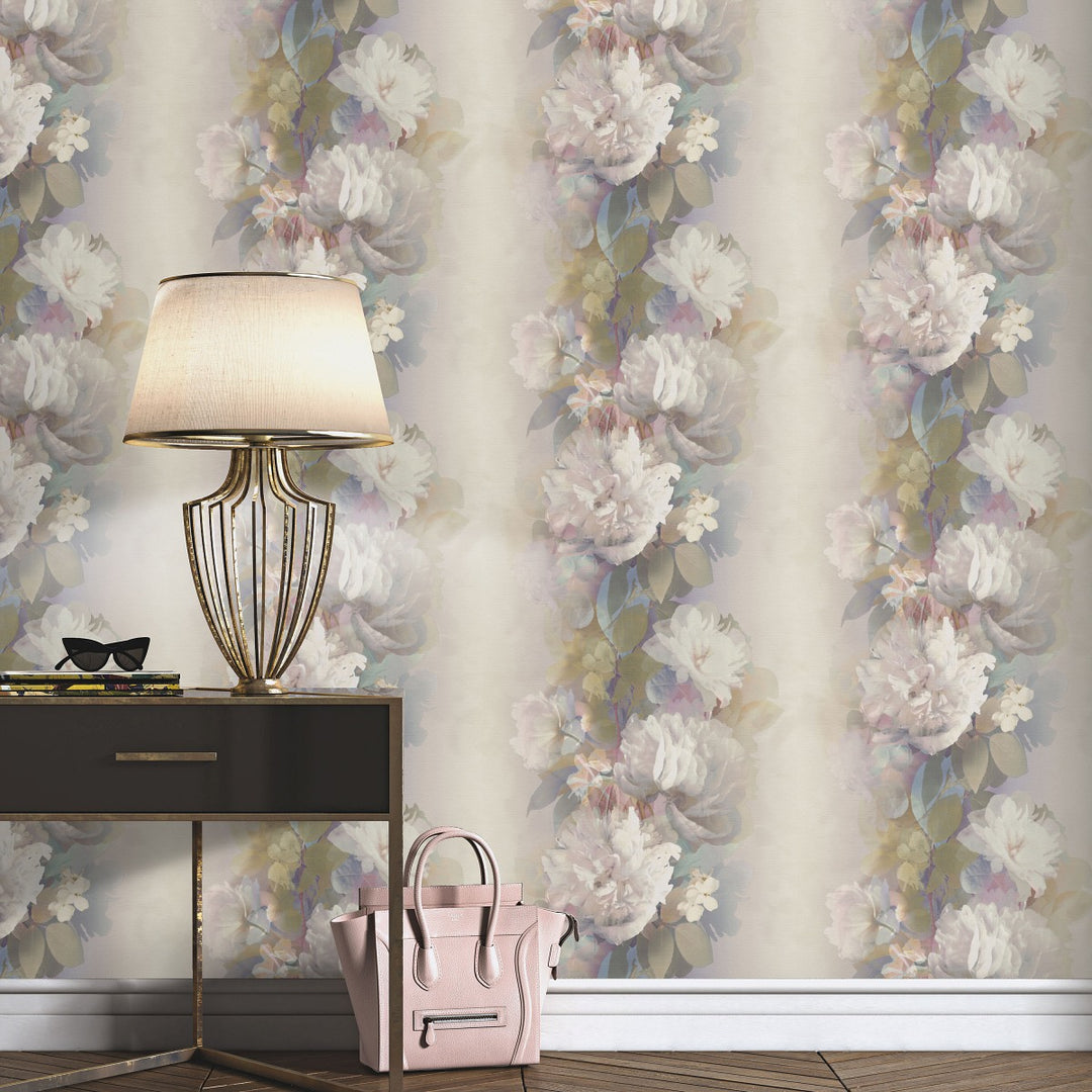 Romantiški tapetai su subtiliomis gėlių formomis, rožinės/žalios/violetinės spalvos - 4005255