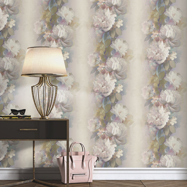 Romantiški tapetai su subtiliomis gėlių formomis, rožinės/žalios/violetinės spalvos - 4005255