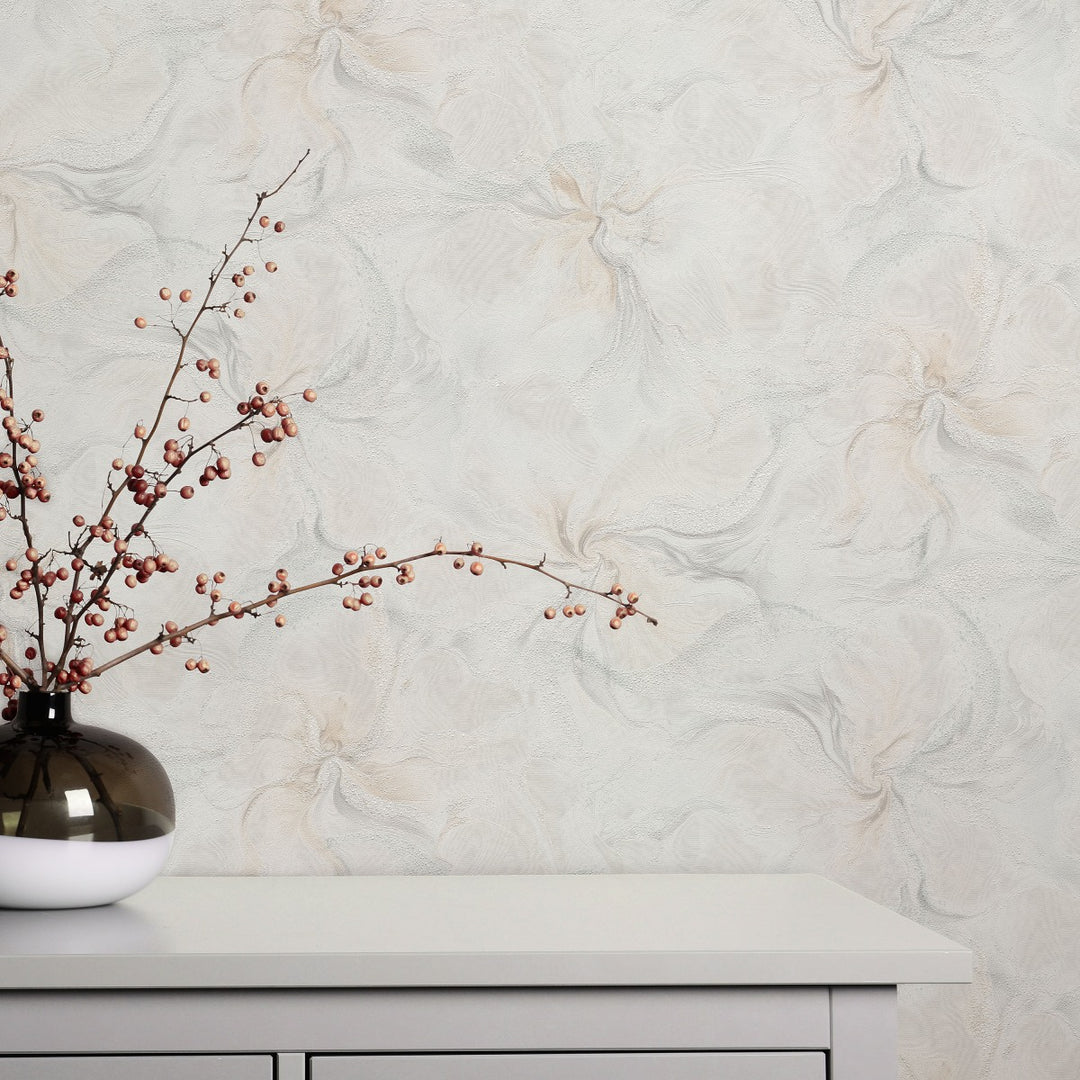 Tapetai su organiniais marmuro sūkuriais ir blizgiu efektu, šviesiai pilki/balti - 4005412