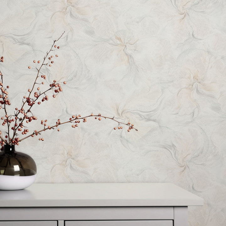 Tapetai su organiniais marmuro sūkuriais ir blizgiu efektu, šviesiai pilki/balti - 4005412