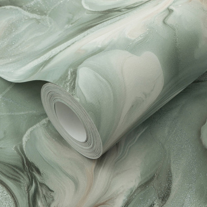 Tapetti orgaanisilla marmoripyörteillä ja hohtavalla efektillä, turkoosi - 4005432