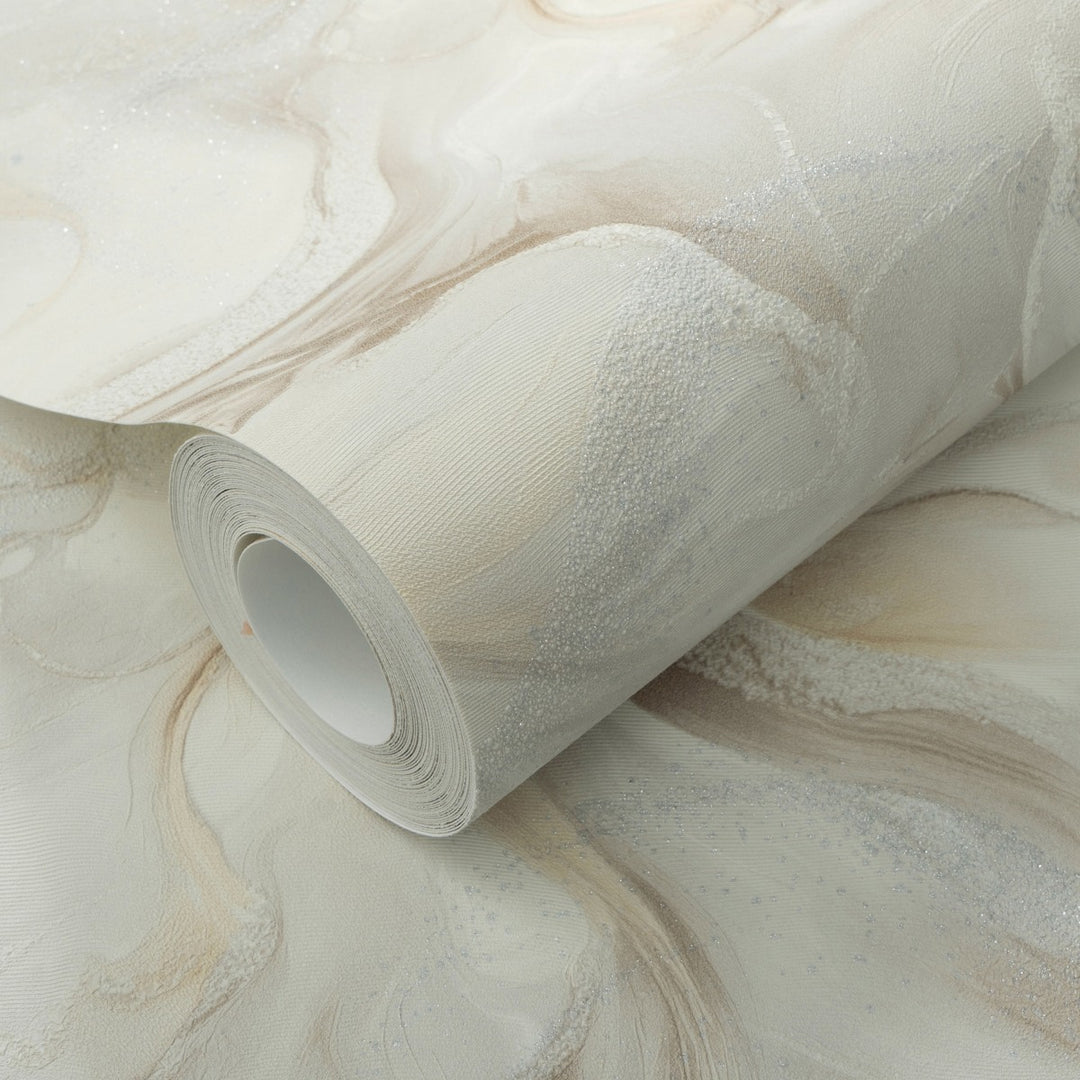Tapetes ar organiskiem marmora virpuļiem un spīdošu efektu, bēša/taupe/krēmkrāsa - 4005456