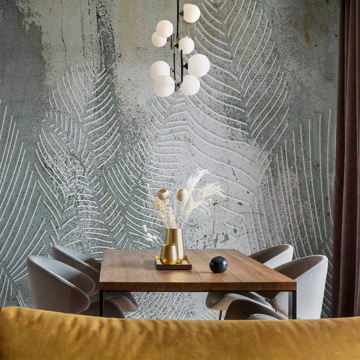 Fototapetes - kompozīcija ar tropiskām lapām zaļgani pelēkā krāsā - 136328