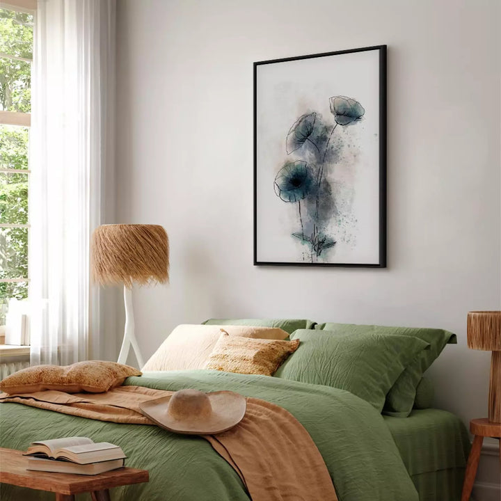 Painting in black wooden frame - abstract blue poppies, 131974