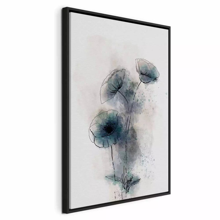 Painting in black wooden frame - abstract blue poppies, 131974