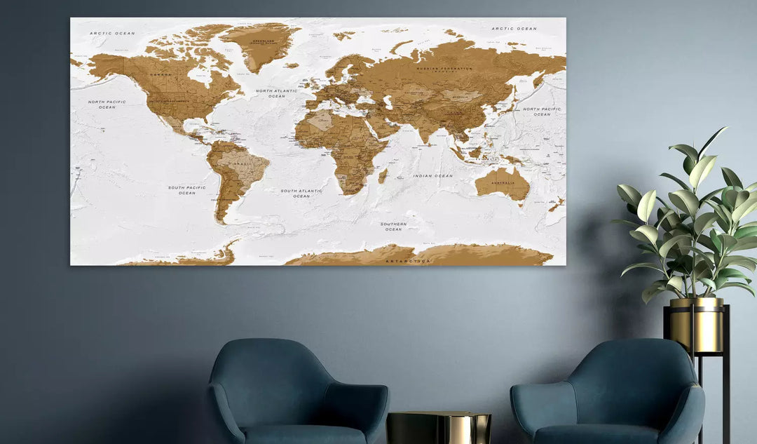 Картина большого формата - Политическая карта мира со странами на светлом фоне, 132356