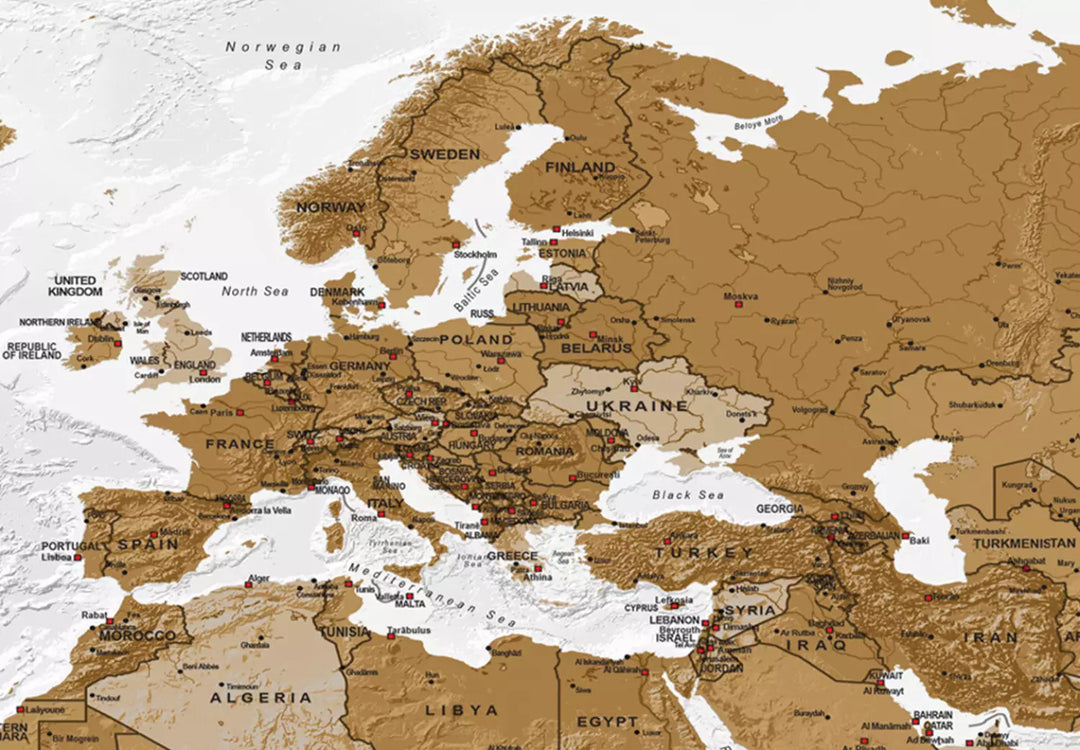 Картина большого формата - Политическая карта мира со странами на светлом фоне, 132356