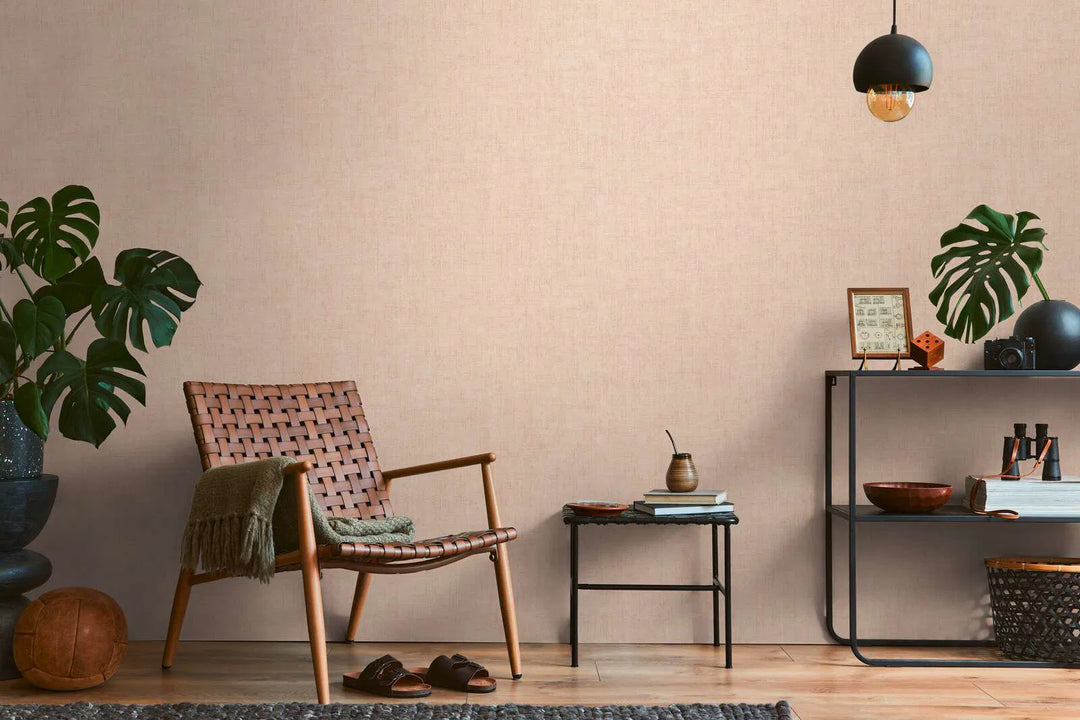 Plain non-woven wallpaper with natural linen texture | pink - 3007651