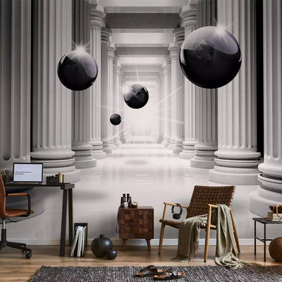 3D dotowallpaper - white corridor with columns and black spheres - 66186G-ART