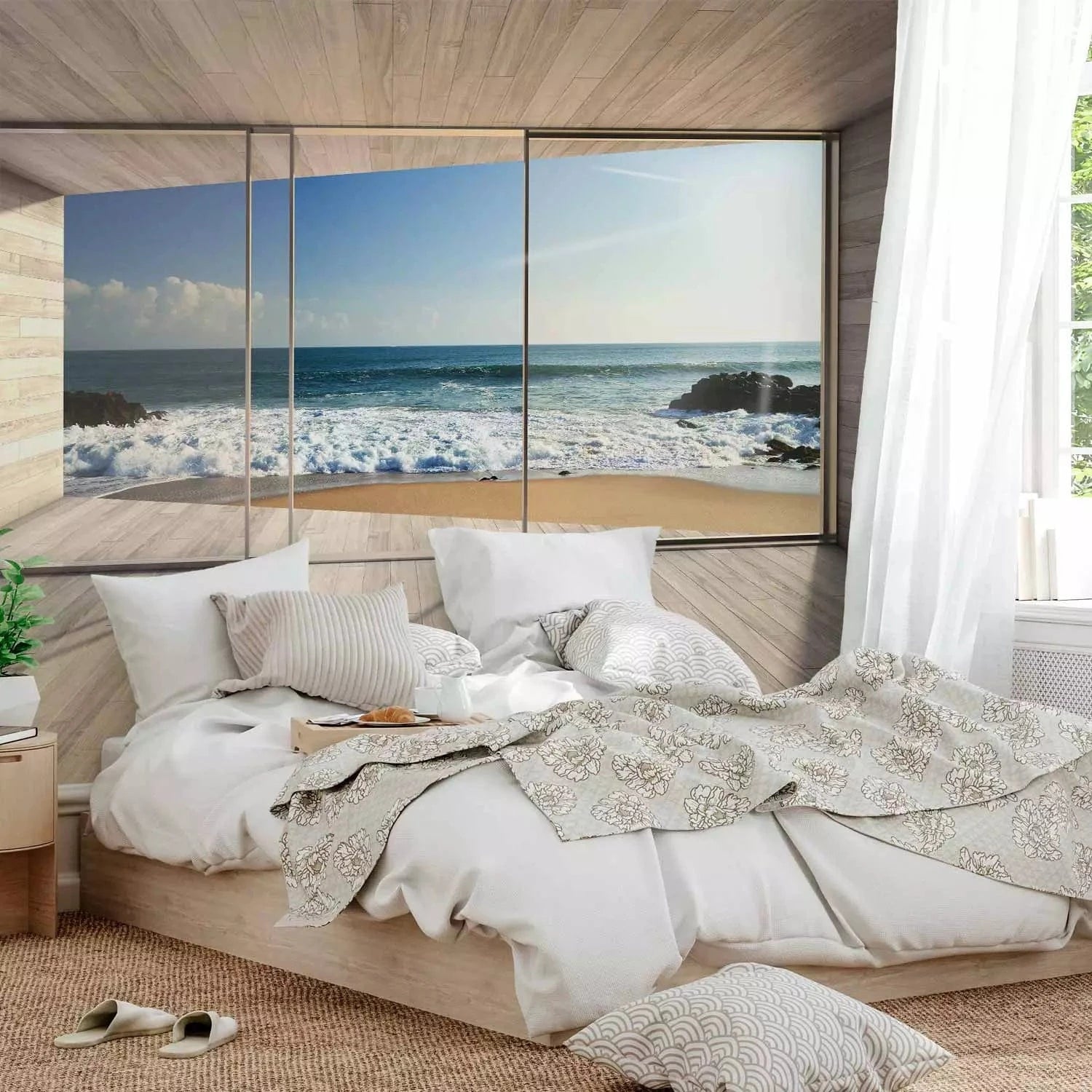 3D fototapetes ar koka imitāciju un skatu uz jūru - Sapņu meklējumos, 62340 Tapetenshop.lv