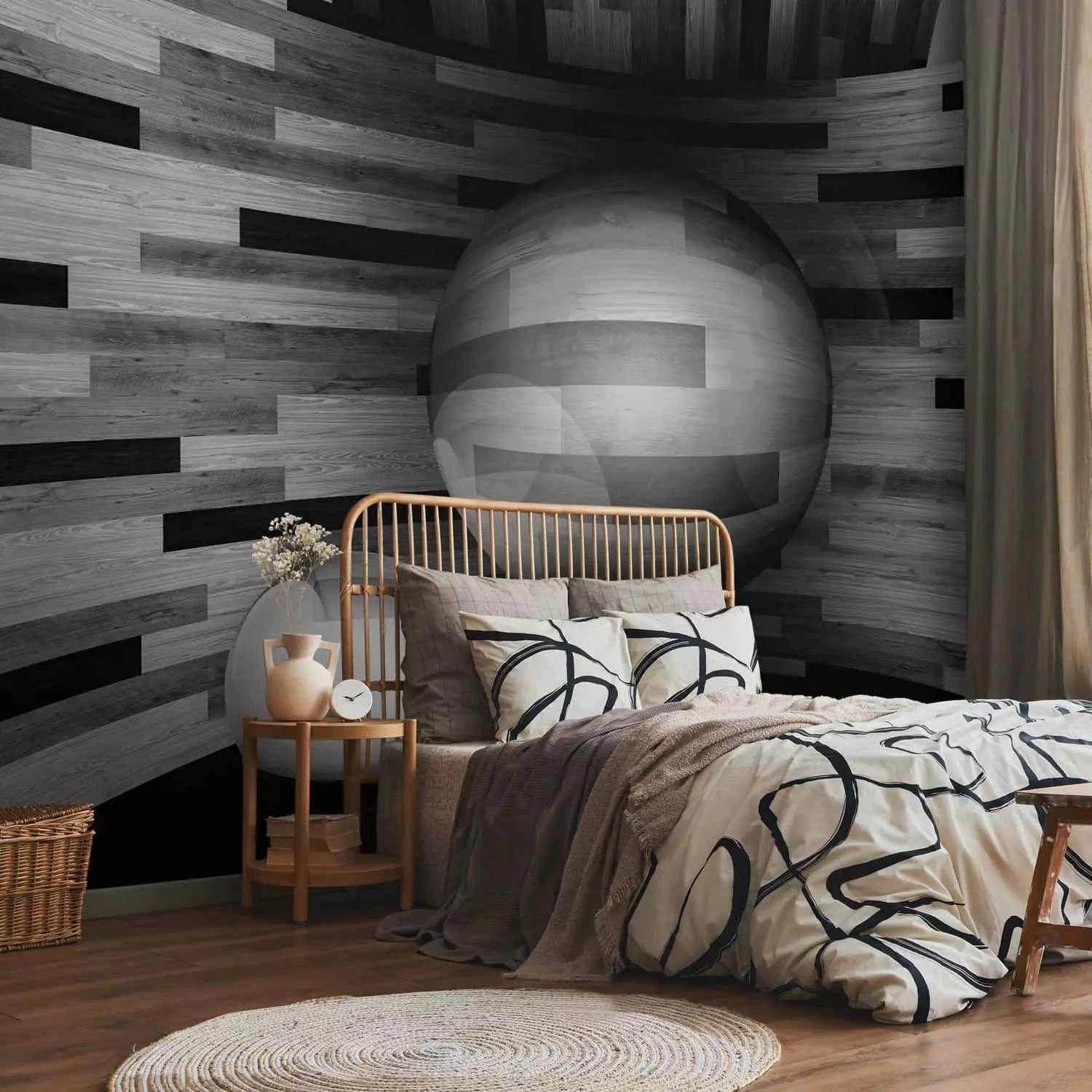 3D fototapetes ar perspektīvu - Pelēka koka sfēra, 97060 Tapetenshop.lv