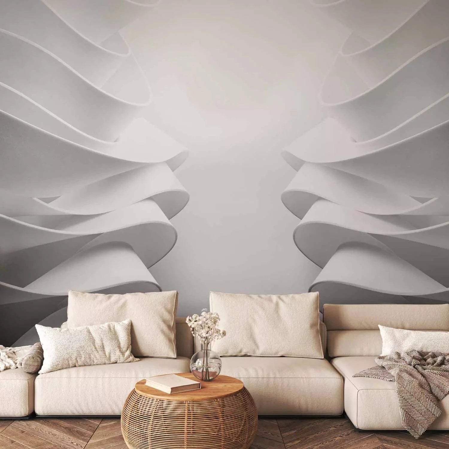 3D fototapetes - Balta lente - trīsdimensiju kompozīcija baltā un pelēkā krāsā, 138846 Tapetenshop.lv