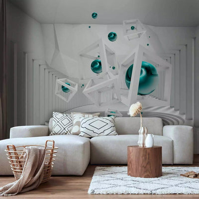 3D Wall Murals - White abstraction - blue-green geometric shapes G-ART