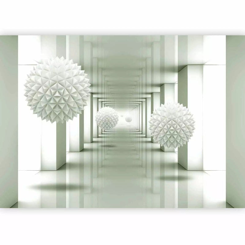 3D Valokuvatapetti - Abstrakti tunnelilla, pylväillä ja geometrisilla palloilla G-ARTissa
