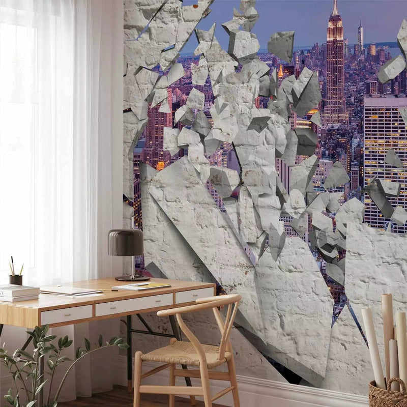 3D Wall Murals with New York night view through a brick wall, 63953 G-art