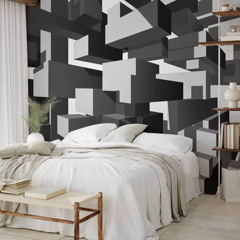 Wall Murals - Geometric abstraction in gray that produces a 3D effect on g-art