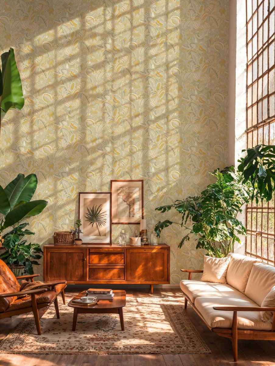 Non-woven wallpaper with harmonious plant motif and delicate leaves | beige, cream - 2763736