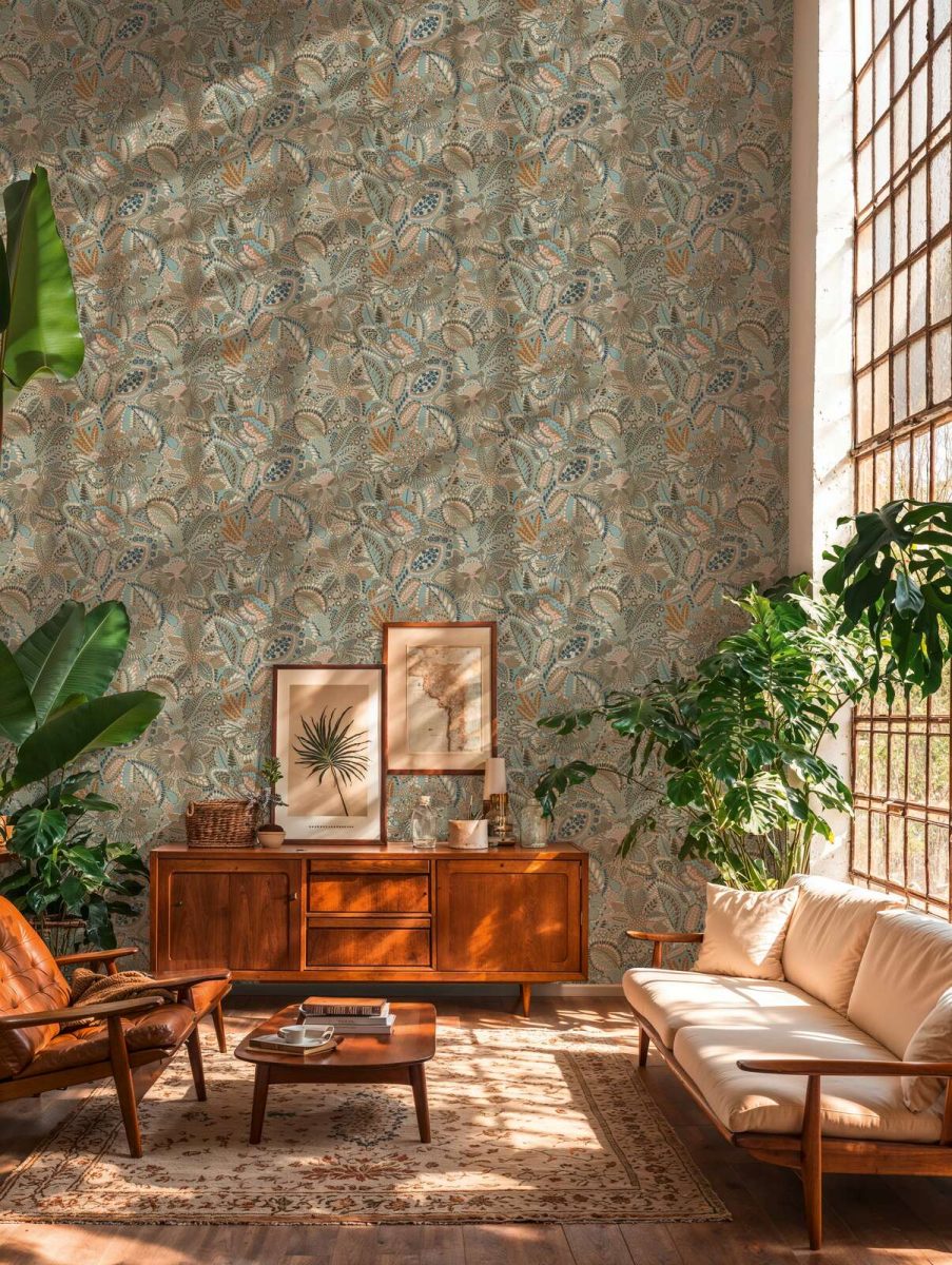 Neaustas tapetes ar ziedu un lapu ornamentiem un smalku faktūru | zila, pelēka, roza - 2763737