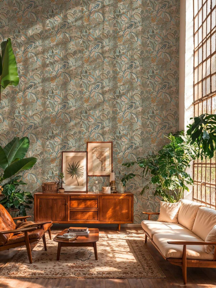 Neaustas tapetes ar ziedu un lapu ornamentiem un smalku faktūru | zila, pelēka, roza - 2763737