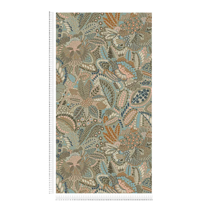 Neaustas tapetes ar ziedu un lapu ornamentiem un smalku faktūru | zila, pelēka, roza - 2763737