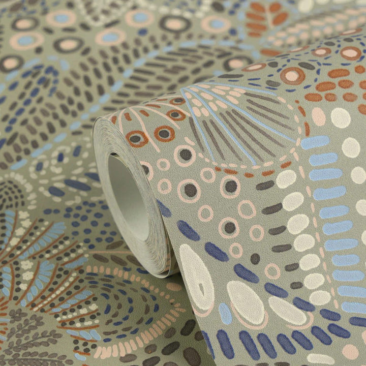 Neaustas tapetes ar ziedu un lapu ornamentiem un smalku faktūru | zila, pelēka, roza - 2763737