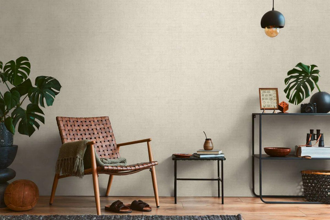 Plain non-woven wallpaper with natural linen texture | cream - 3007652