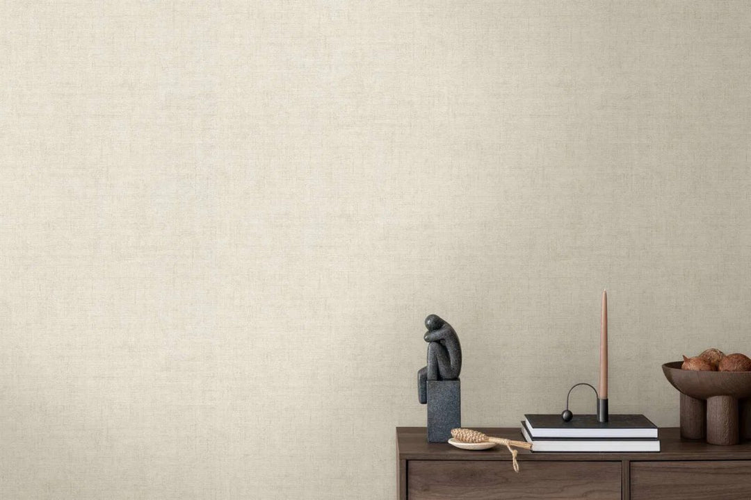 Plain non-woven wallpaper with natural linen texture | cream - 3007652