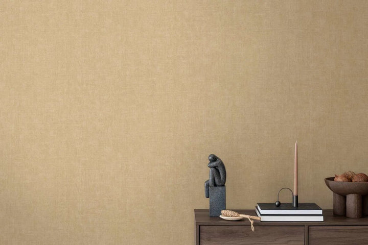 Plain non-woven wallpaper with natural linen texture | beige - 3007653