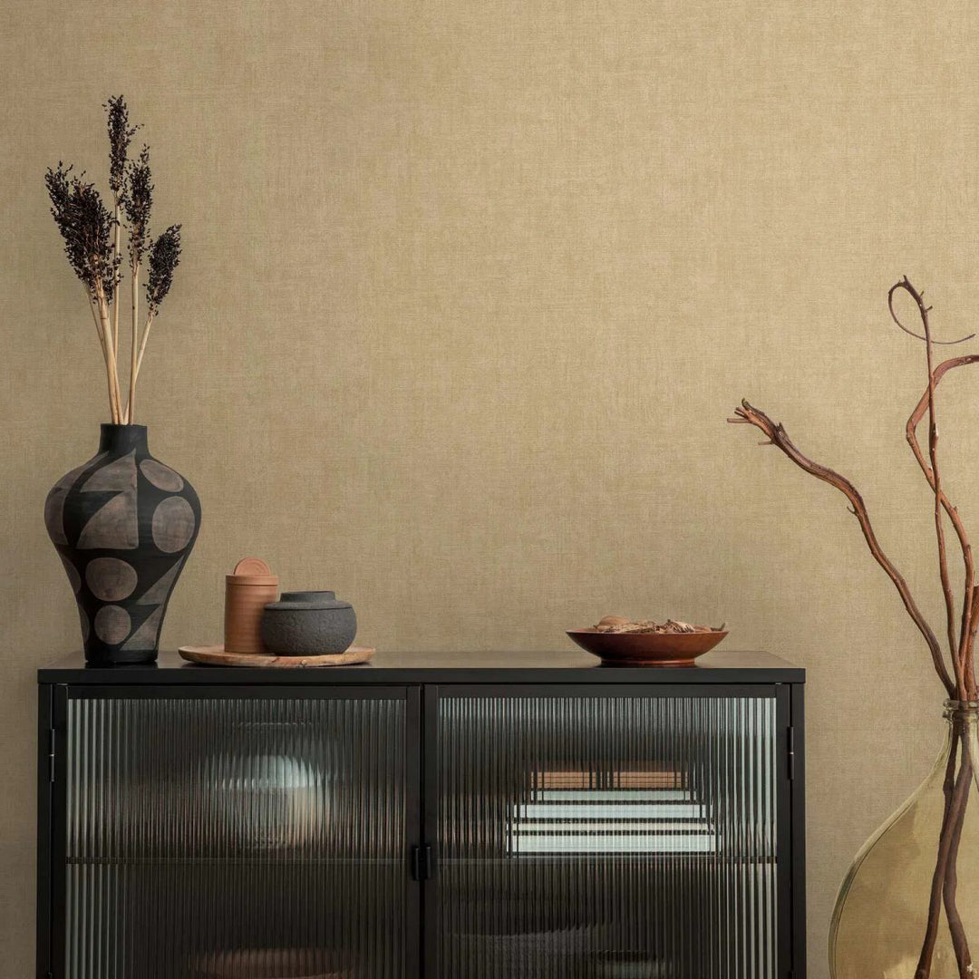 Plain non-woven wallpaper with natural linen texture | beige - 3007653